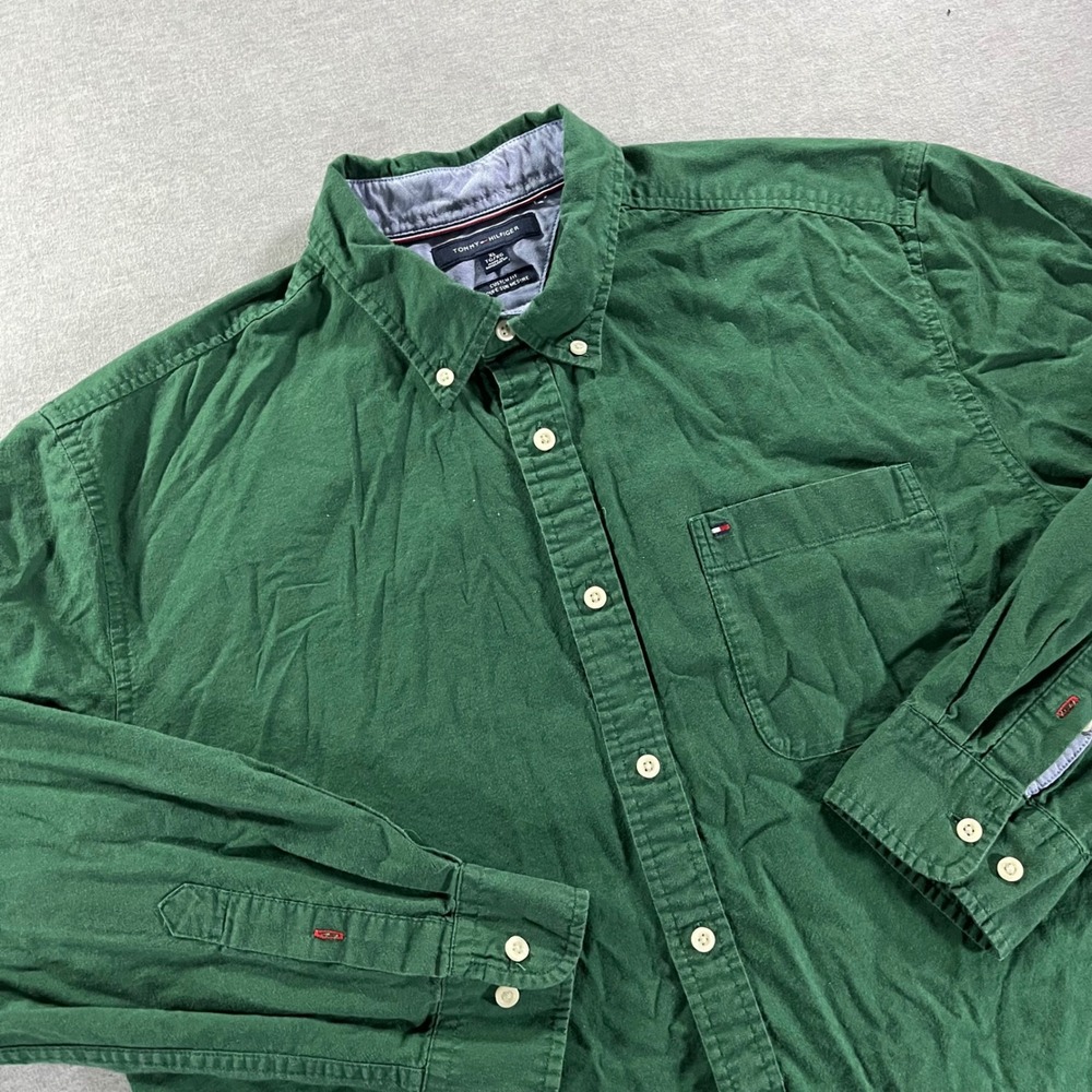Tommy Hilfiger Mens XL Green Custom Fit Button Down Shirt Long Sleeve Cotton